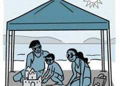 Illustration of a family under a shaded canopy at the beach. 