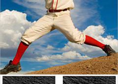 A baseball pitcher throwing with cross-sections underneath of bigger bone under the throwing arm and smaller bone under the non-throwing arm.